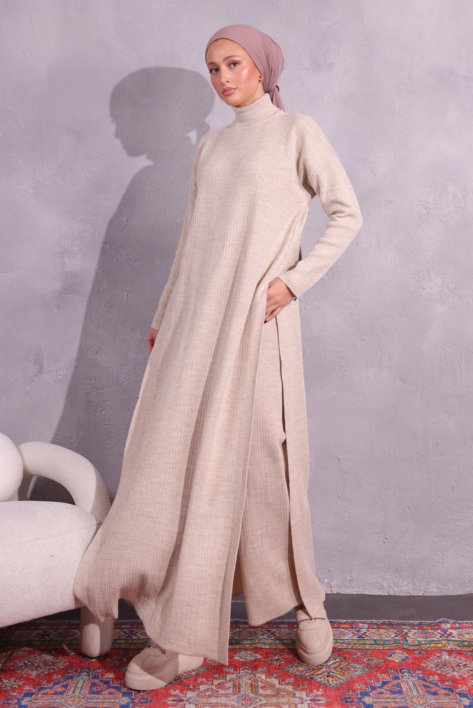 Tesettür giyim BEJ PANTOLONLU TRİKO TAKIM T 8809