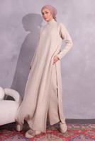 Tesettür giyim BEJ PANTOLONLU TRİKO TAKIM T 8809