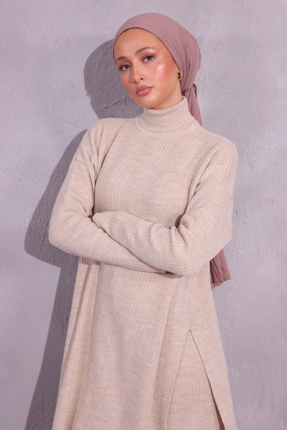 Tesettür giyim BEJ PANTOLONLU TRİKO TAKIM T 8809