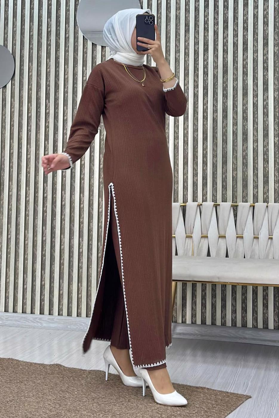 Tesettür giyim KAHVE YIRTMAÇ DETAYLI PANTOLONLU TAKIM T 8865