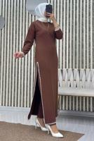 Tesettür giyim KAHVE YIRTMAÇ DETAYLI PANTOLONLU TAKIM T 8865