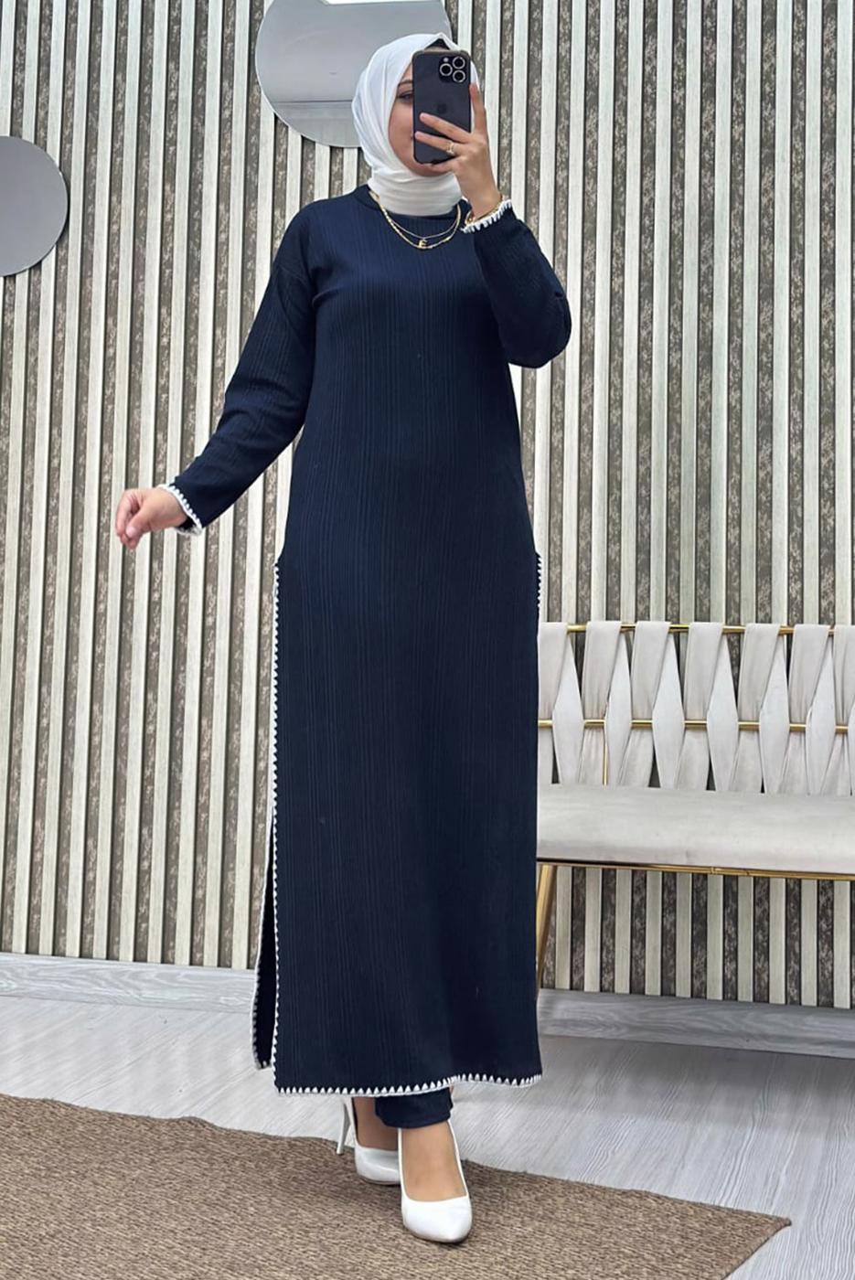 Tesettür giyim LACİVERT YIRTMAÇ DETAYLI PANTOLONLU TAKIM T 8865