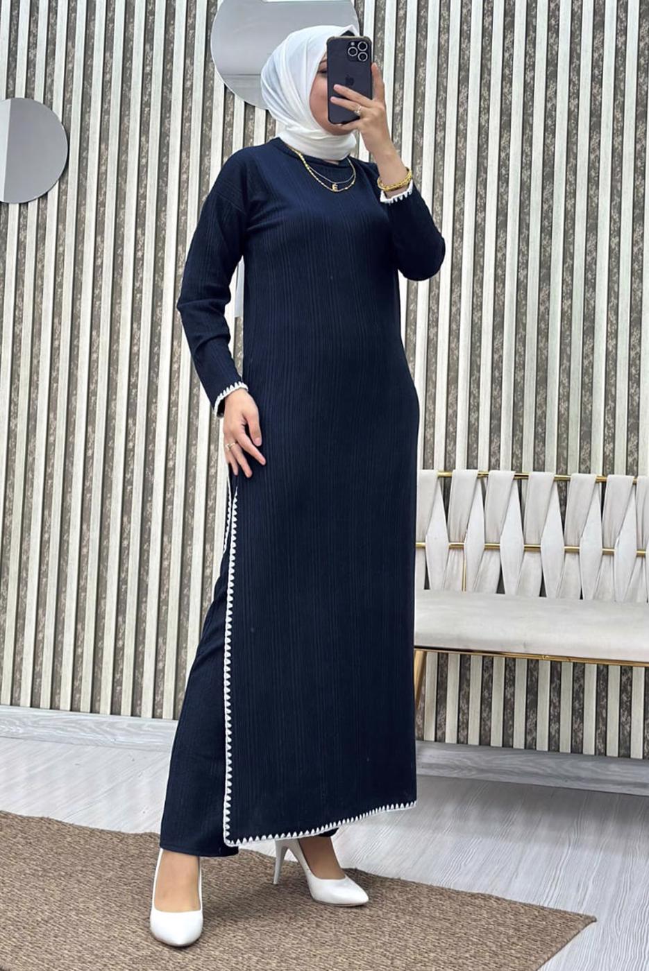 Tesettür giyim LACİVERT YIRTMAÇ DETAYLI PANTOLONLU TAKIM T 8865