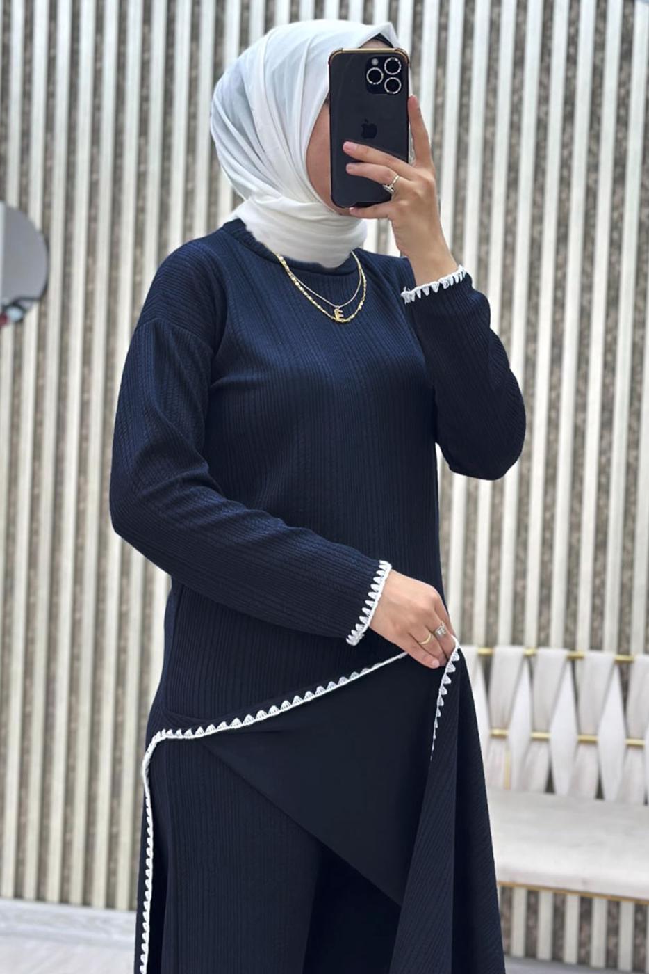 Tesettür giyim LACİVERT YIRTMAÇ DETAYLI PANTOLONLU TAKIM T 8865