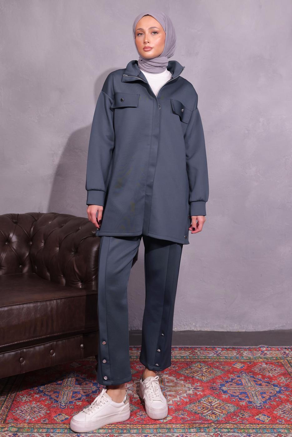 Tesettür giyim GRİ PANTOLONLU SCUBA TAKIM T 8954