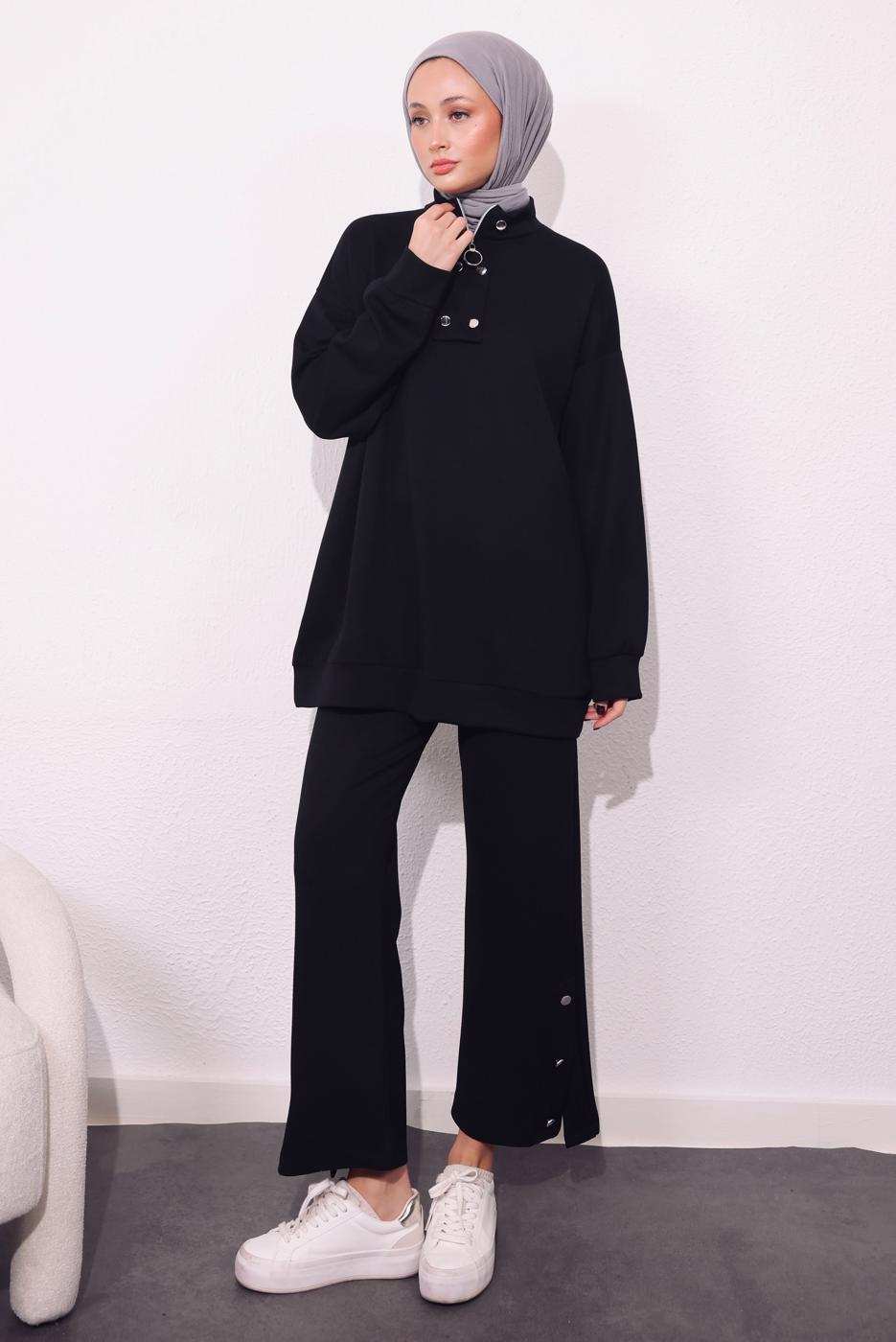 Tesettür giyim SİYAH ÖRME PANTOLONLU TAKIM T 9064