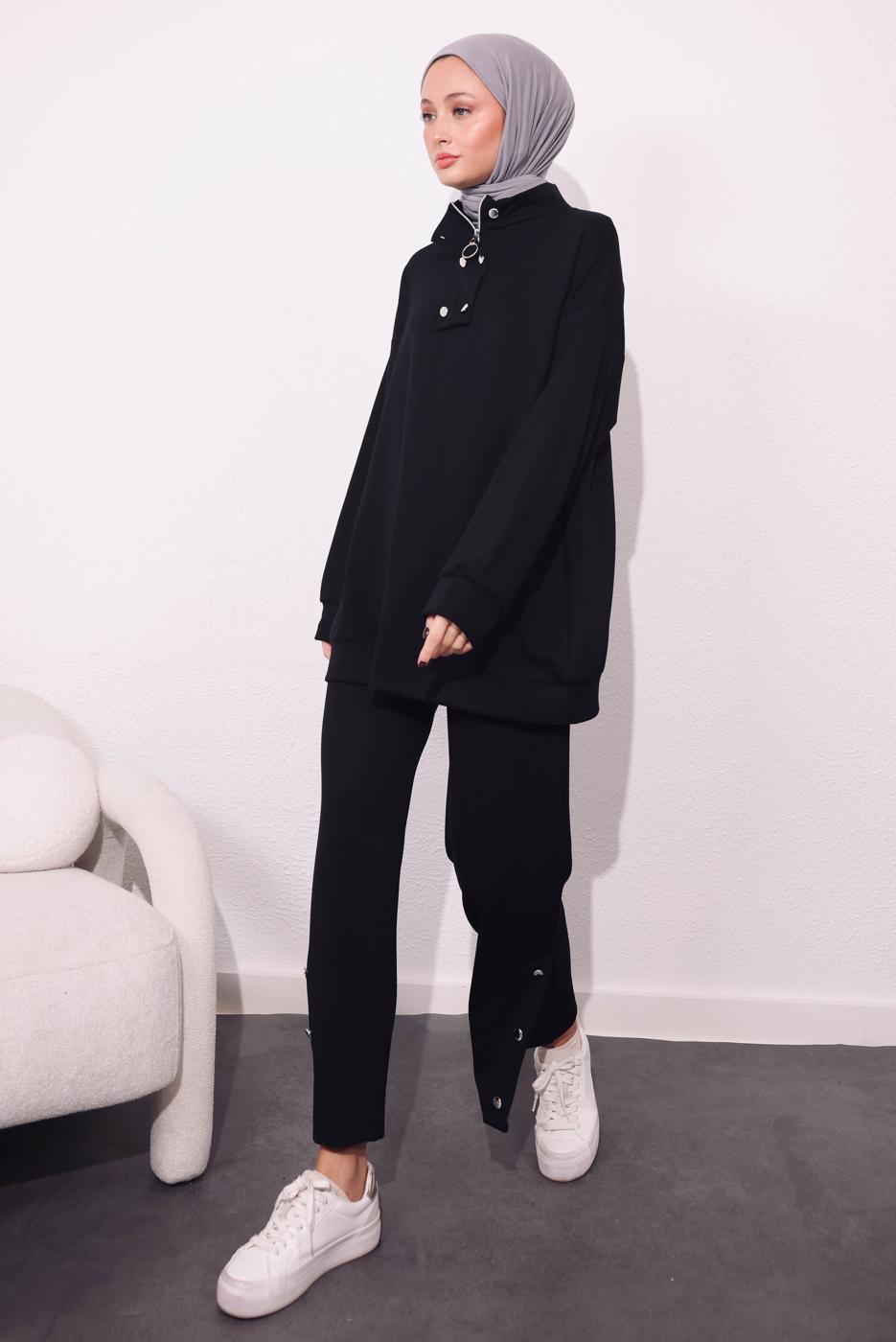 Tesettür giyim SİYAH ÖRME PANTOLONLU TAKIM T 9064