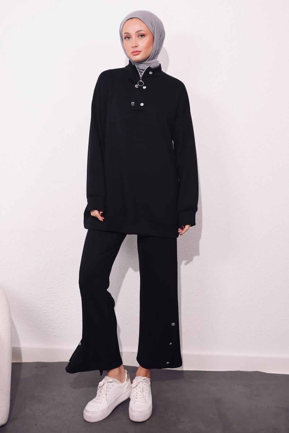 Tesettür giyim SİYAH ÖRME PANTOLONLU TAKIM T 9064