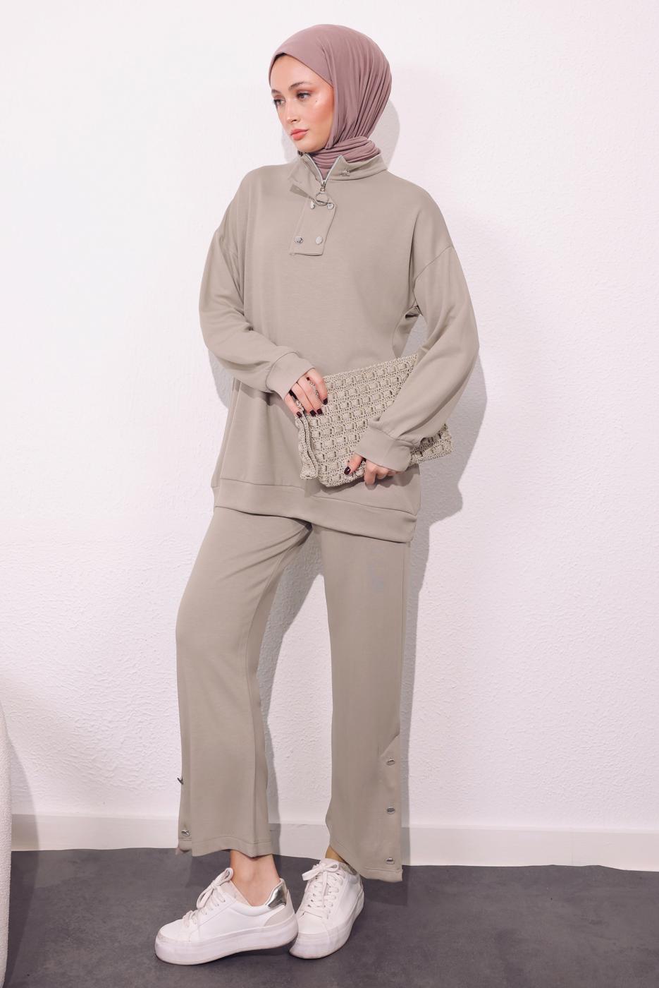 Tesettür giyim BEJ ÖRME PANTOLONLU TAKIM T 9064