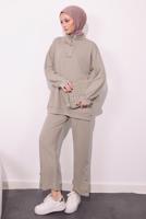 Tesettür giyim BEJ ÖRME PANTOLONLU TAKIM T 9064