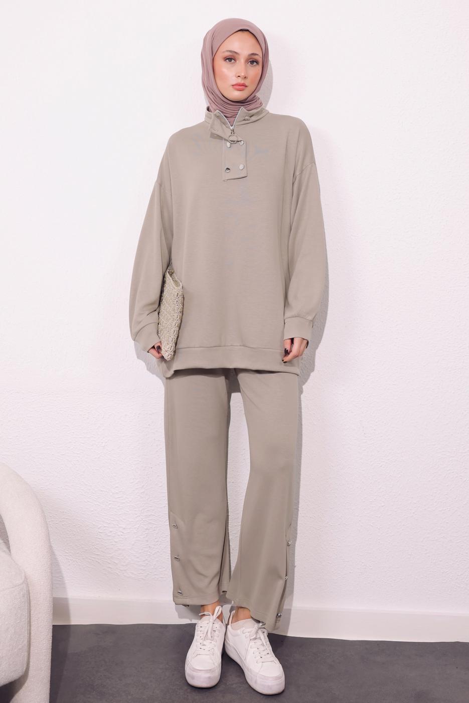 Tesettür giyim BEJ ÖRME PANTOLONLU TAKIM T 9064