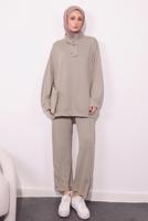 Tesettür giyim BEJ ÖRME PANTOLONLU TAKIM T 9064