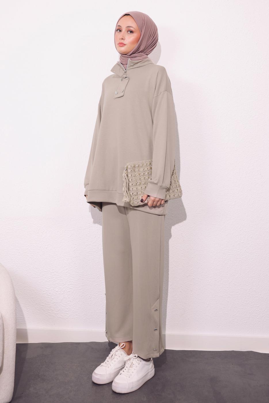 Tesettür giyim BEJ ÖRME PANTOLONLU TAKIM T 9064