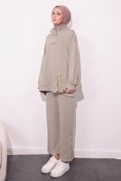 Tesettür giyim BEJ ÖRME PANTOLONLU TAKIM T 9064