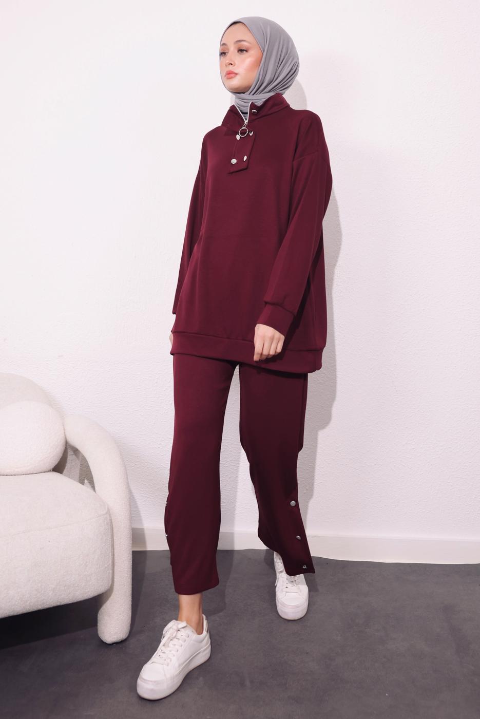 Tesettür giyim BORDO ÖRME PANTOLONLU TAKIM T 9064