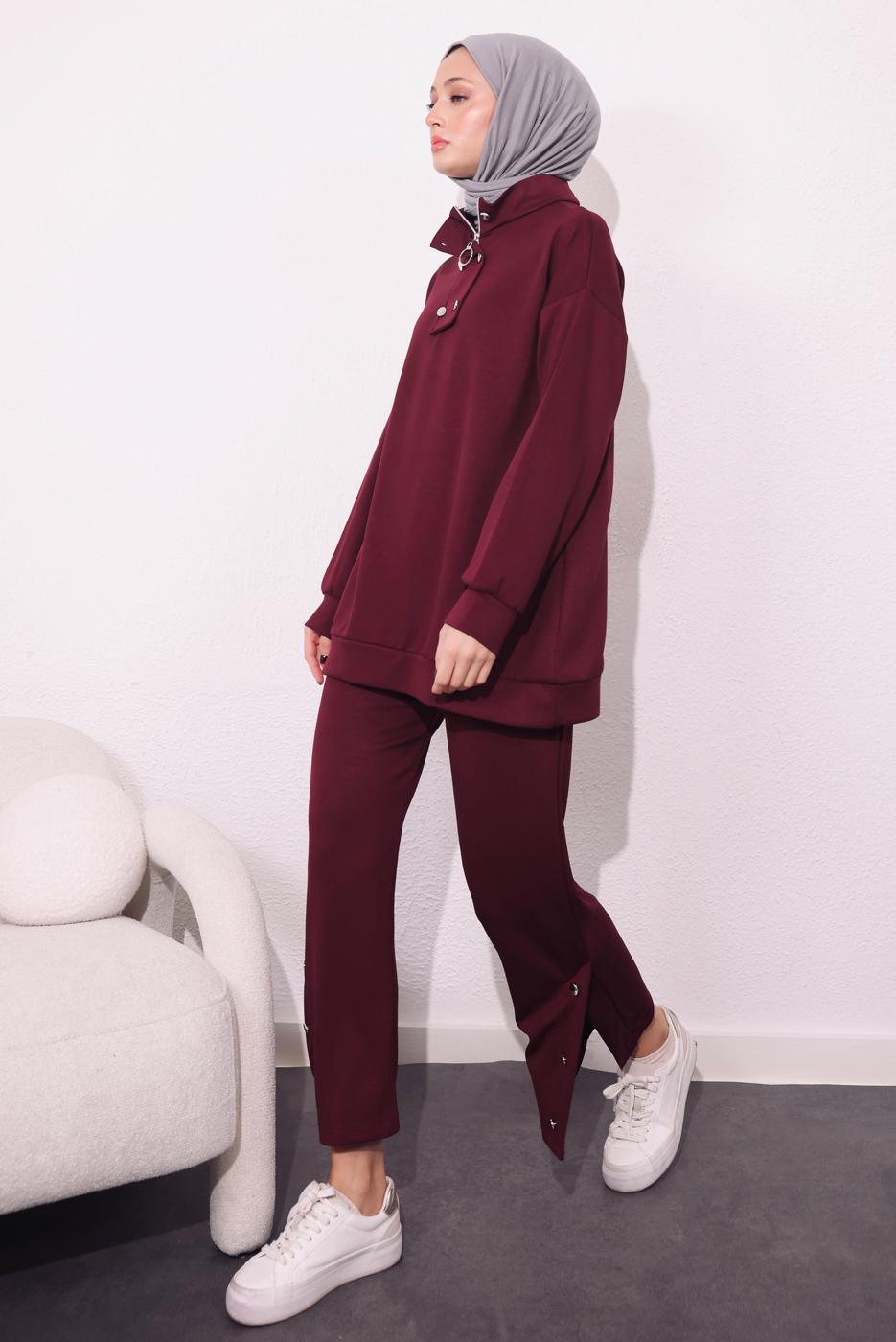 Tesettür giyim BORDO ÖRME PANTOLONLU TAKIM T 9064