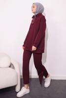 Tesettür giyim BORDO ÖRME PANTOLONLU TAKIM T 9064
