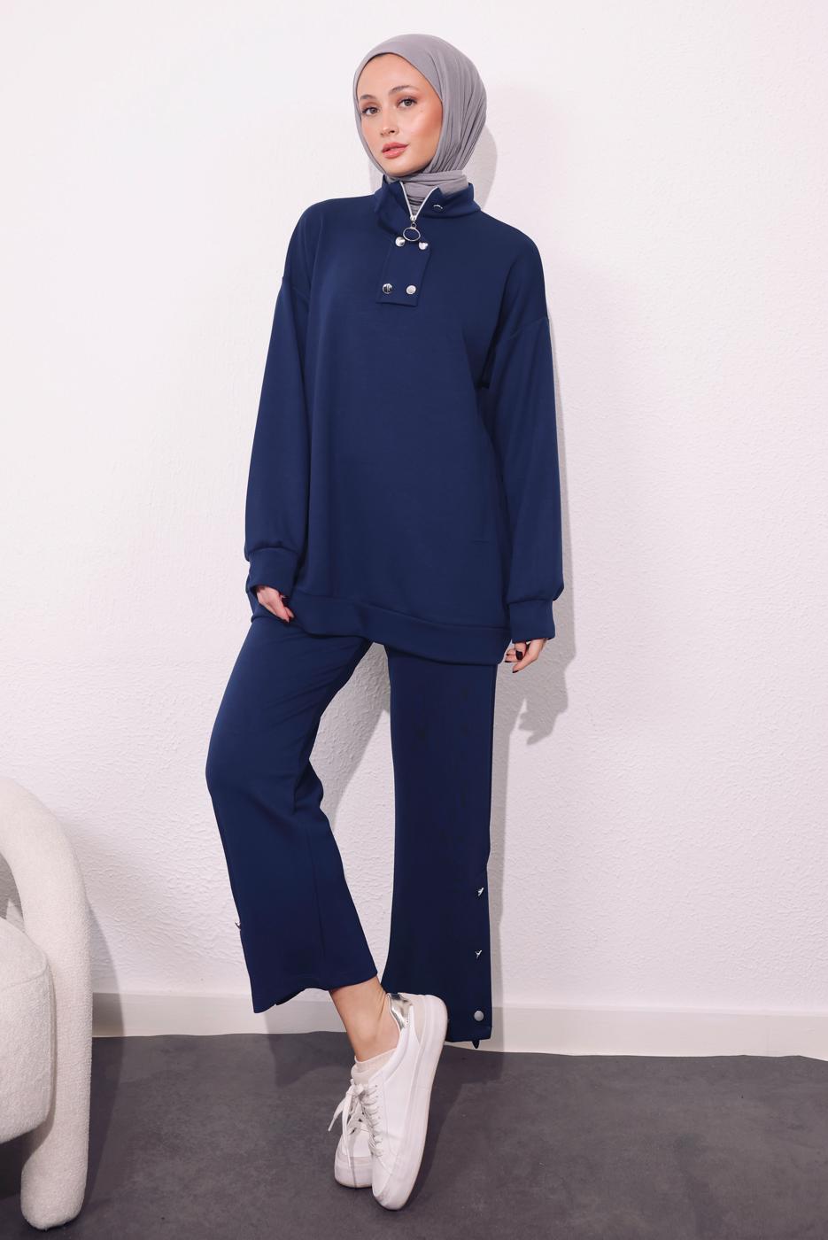 Tesettür giyim LACİVERT ÖRME PANTOLONLU TAKIM T 9064