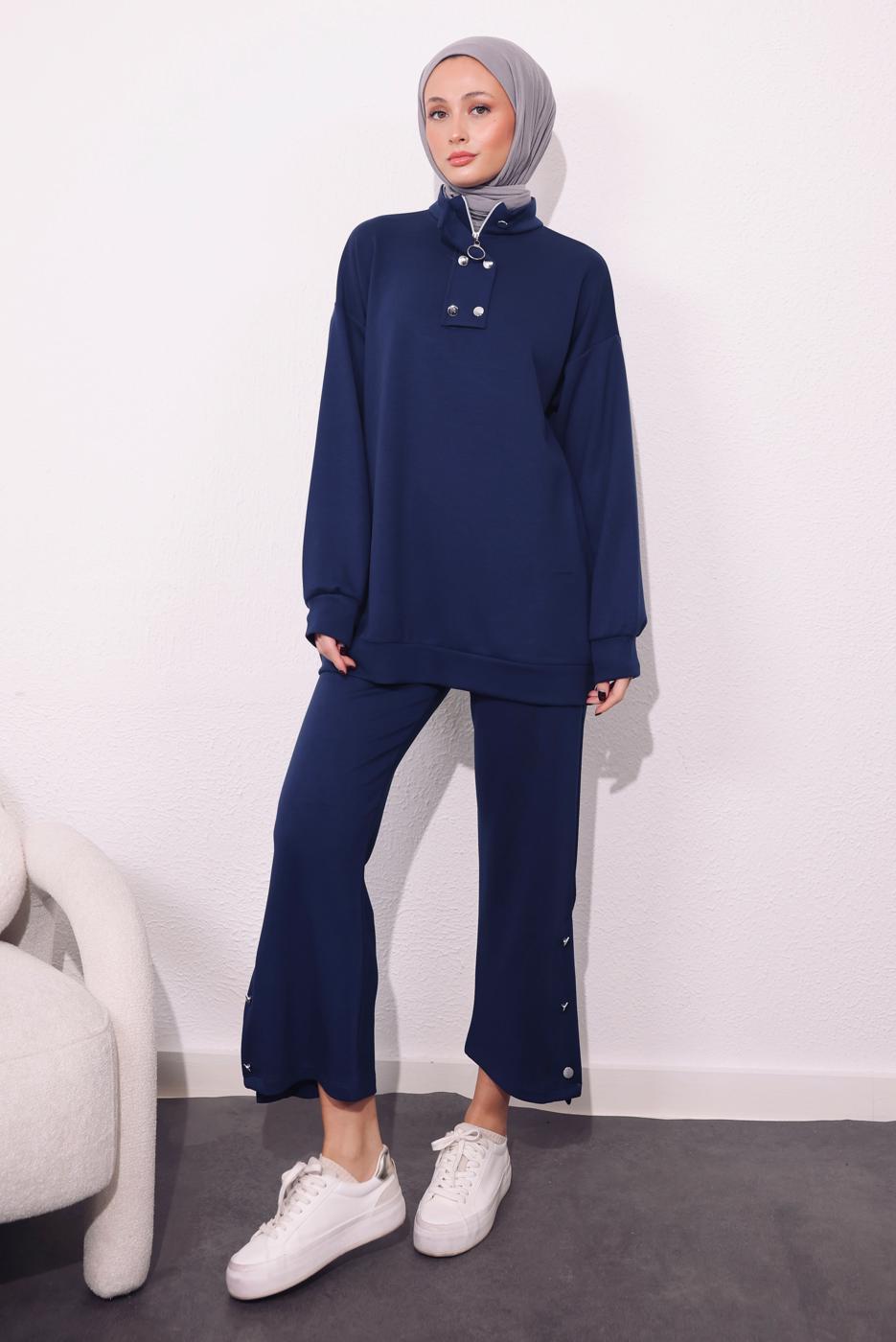 Tesettür giyim LACİVERT ÖRME PANTOLONLU TAKIM T 9064