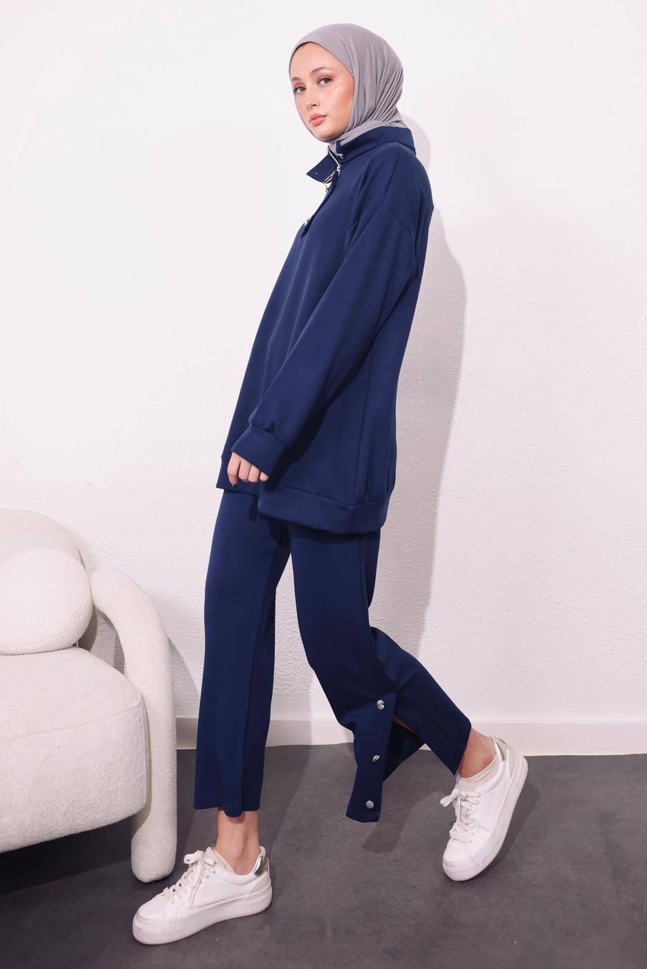 Tesettür giyim LACİVERT ÖRME PANTOLONLU TAKIM T 9064