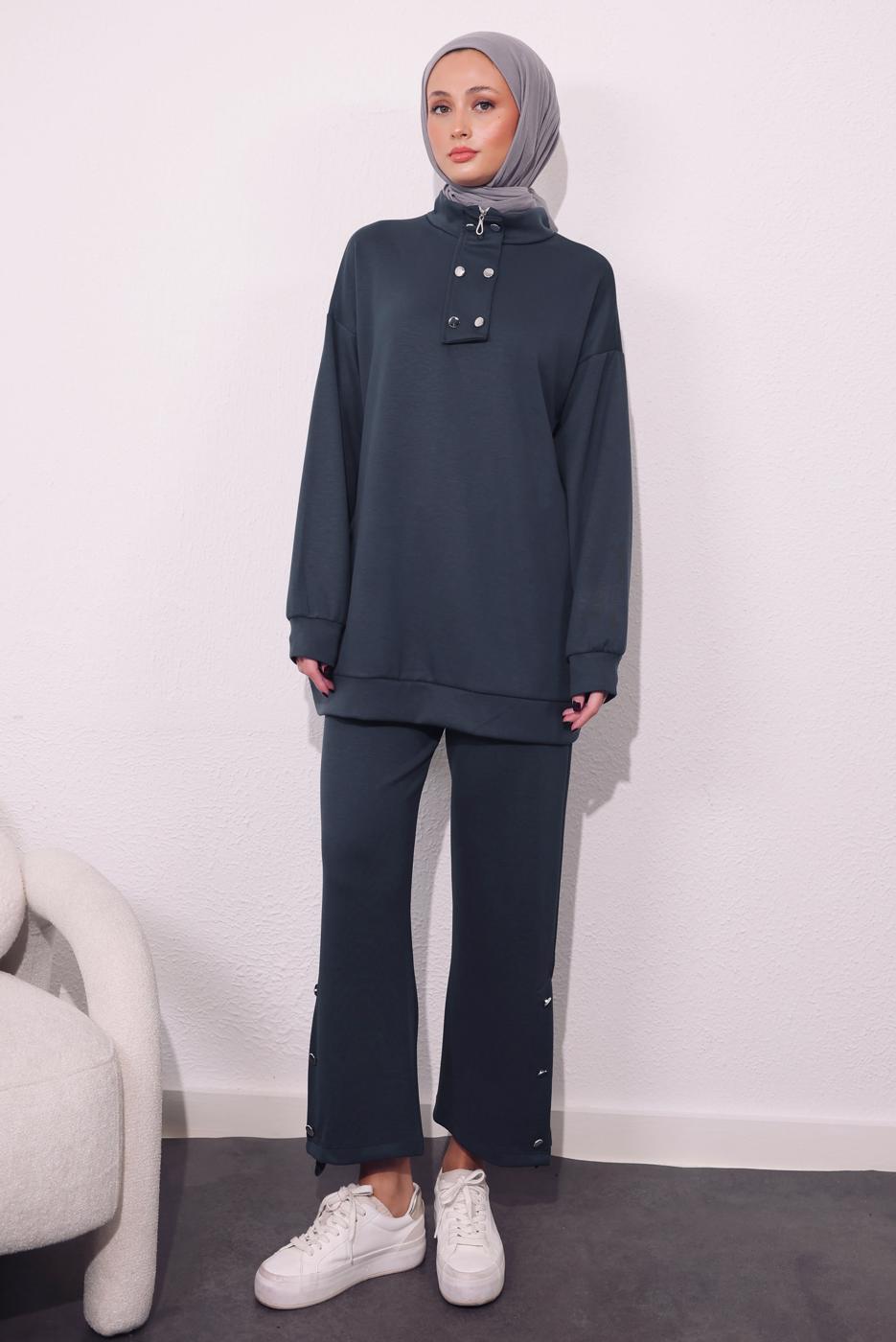 Tesettür giyim GRİ ÖRME PANTOLONLU TAKIM T 9064