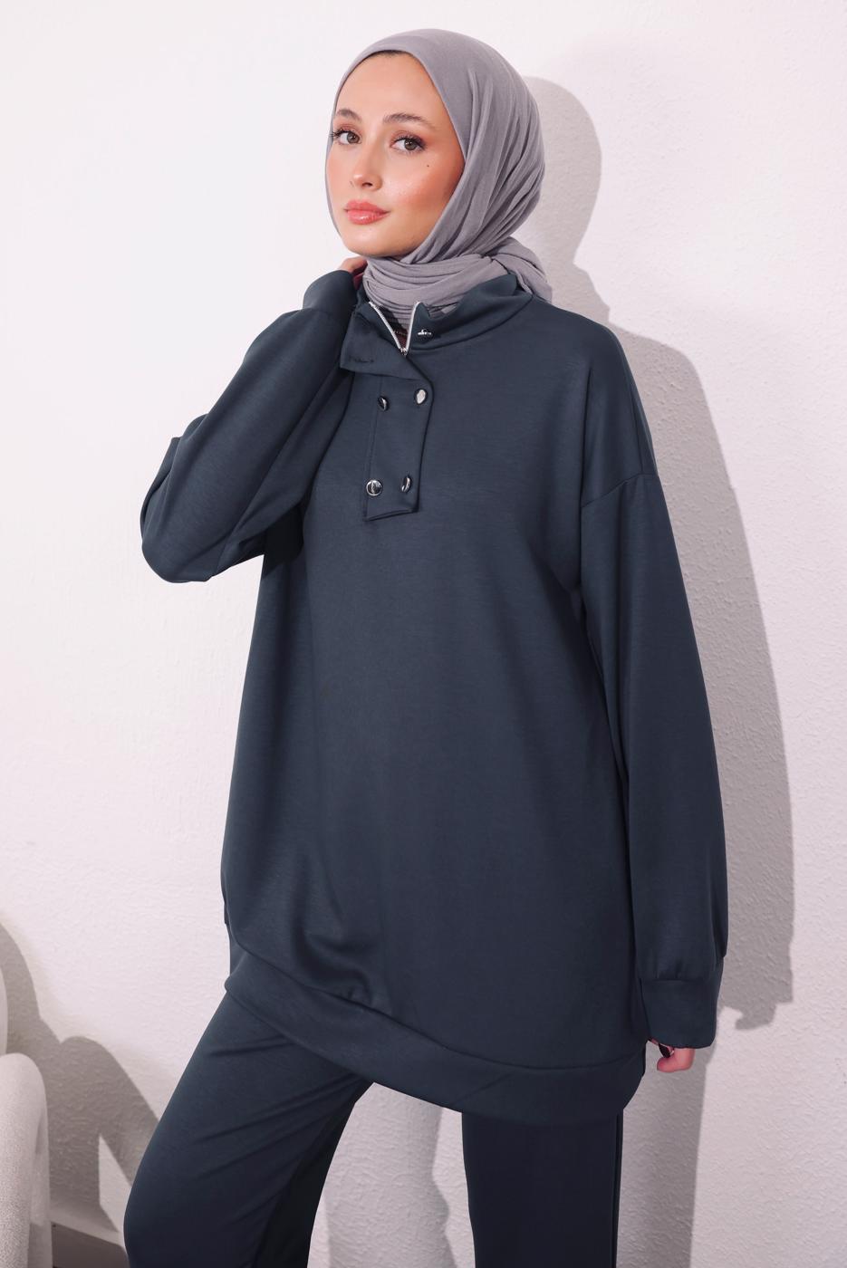 Tesettür giyim GRİ ÖRME PANTOLONLU TAKIM T 9064