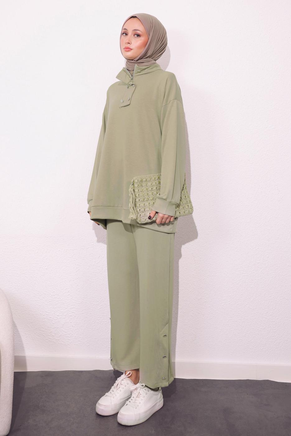 Tesettür giyim YEŞİL ÖRME PANTOLONLU TAKIM T 9064