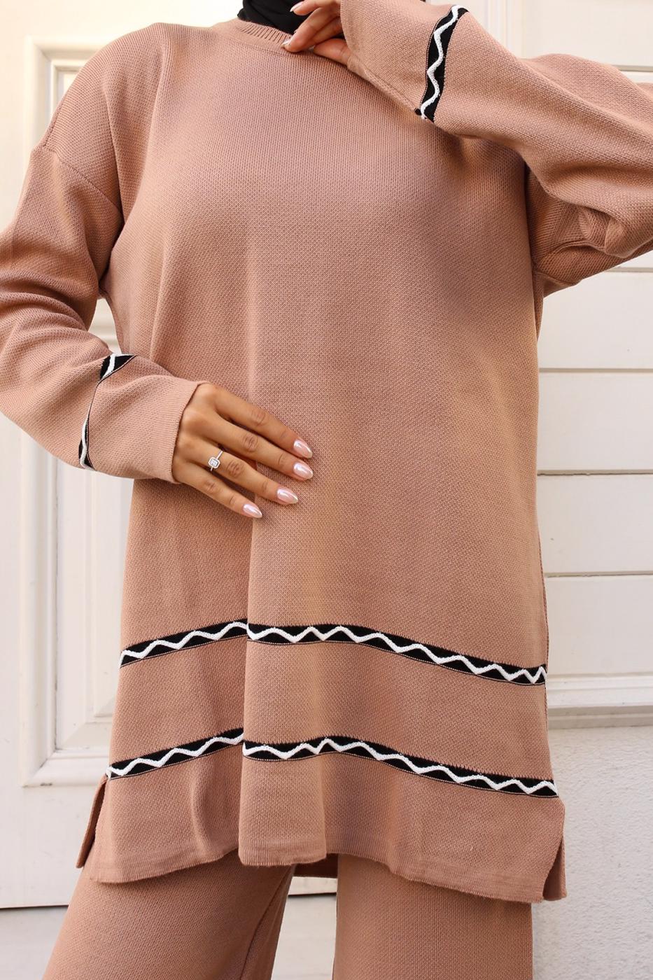 Tesettür giyim KAHVE PANTOLONLU TRİKO TAKIM T 92042