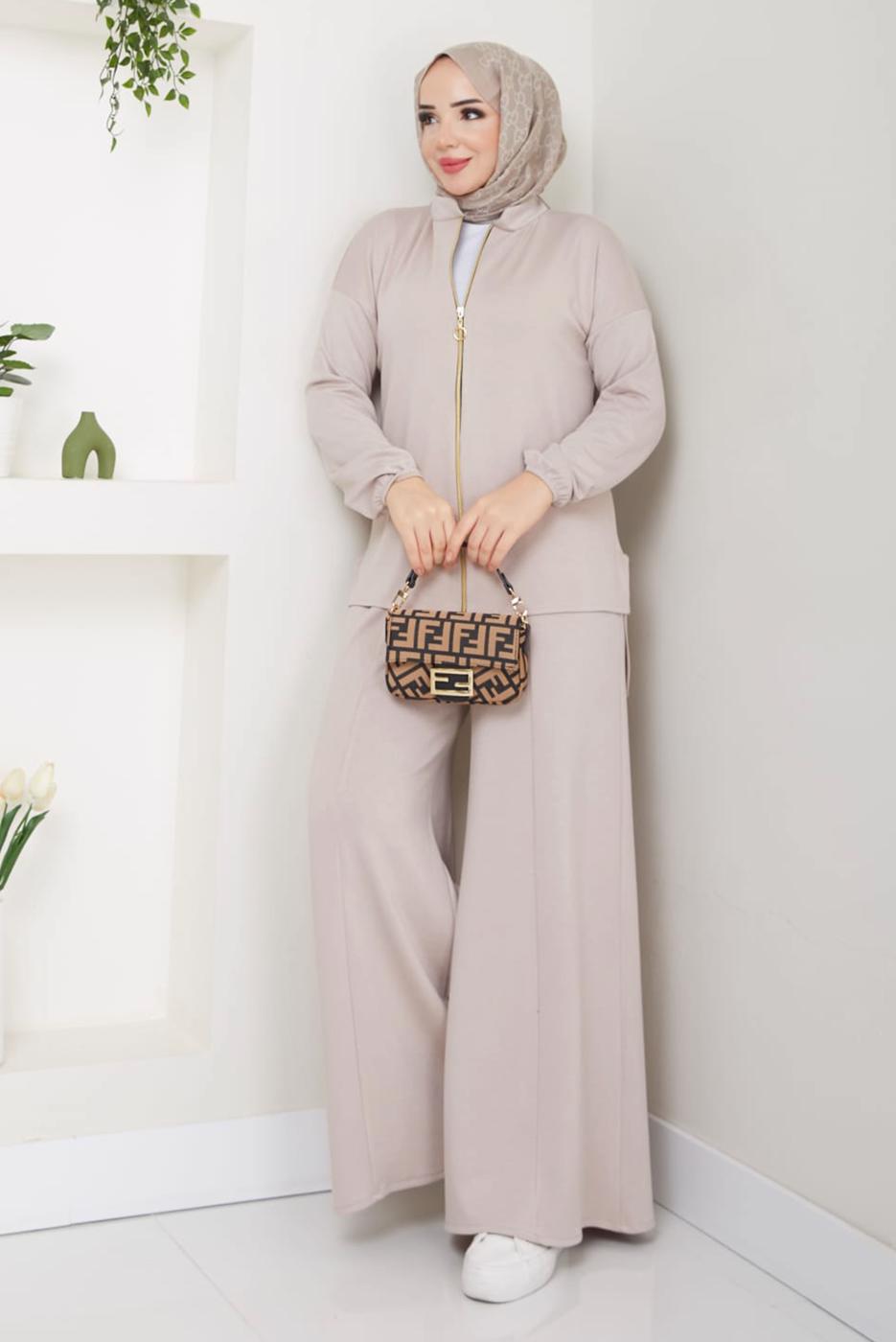 Tesettür giyim BEJ FERMUARLI PANTOLONLU TAKIM T 9965