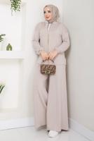 Tesettür giyim BEJ FERMUARLI PANTOLONLU TAKIM T 9965