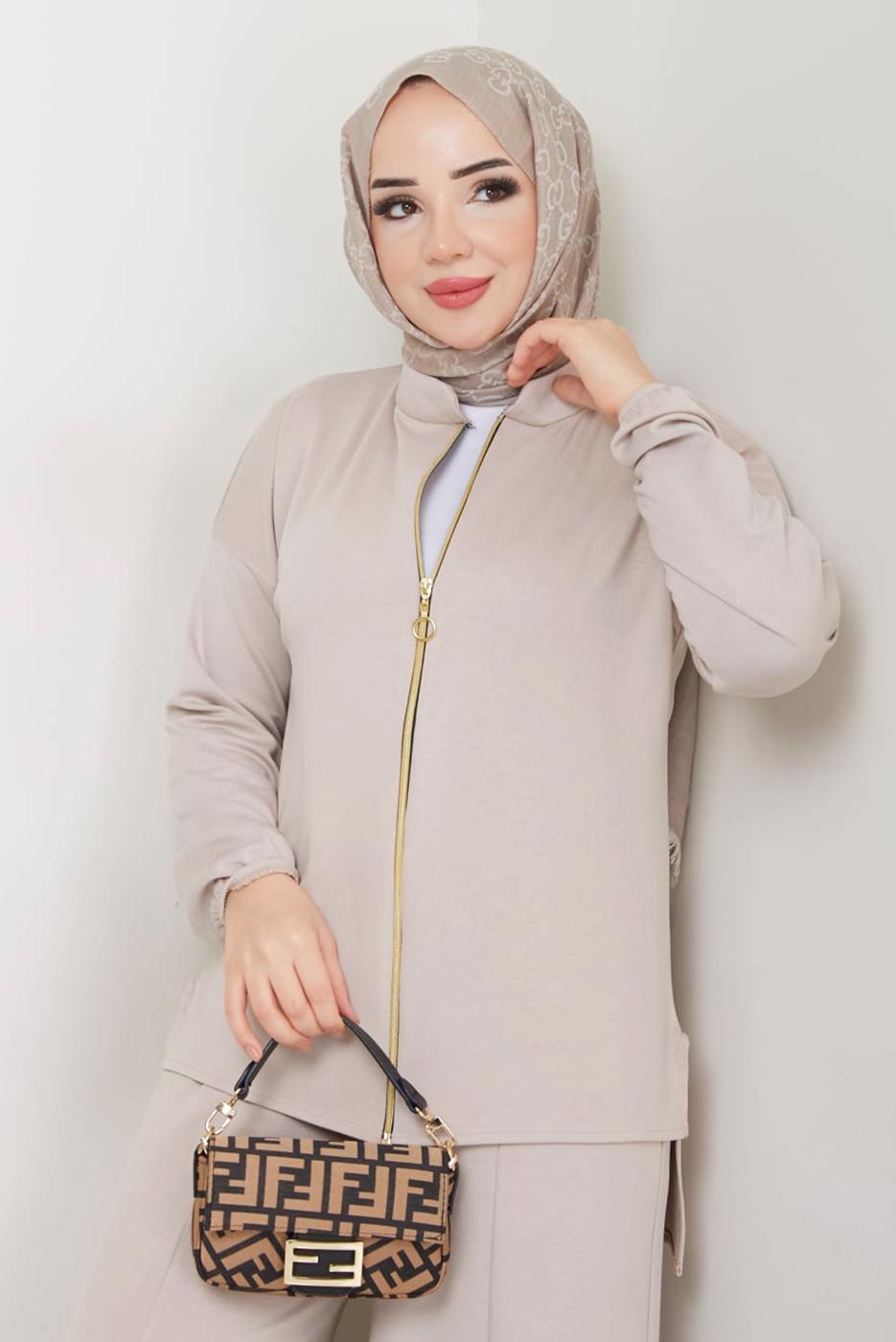 Tesettür giyim BEJ FERMUARLI PANTOLONLU TAKIM T 9965
