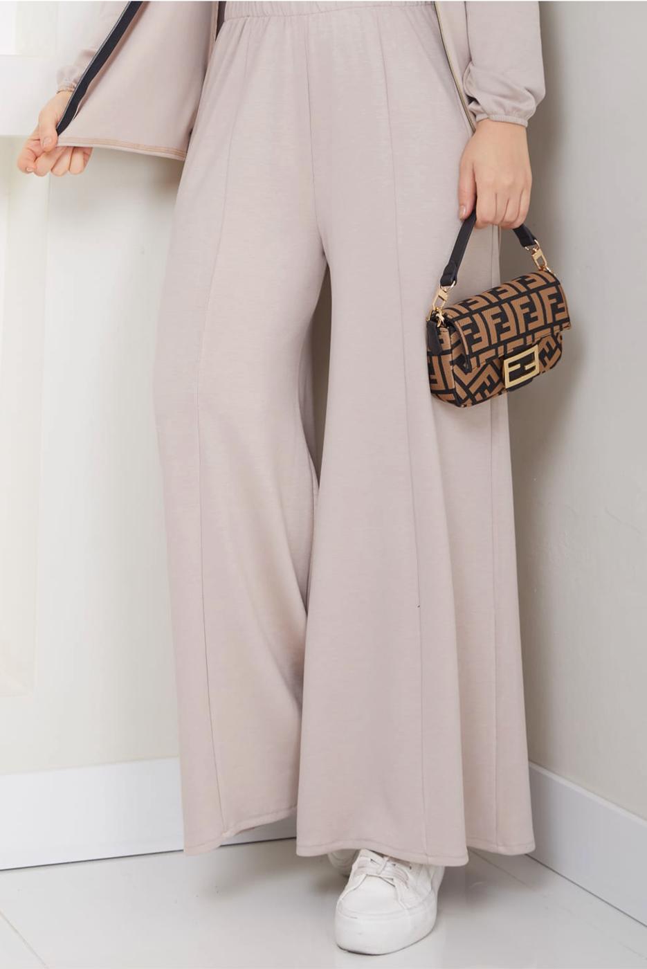 Tesettür giyim BEJ FERMUARLI PANTOLONLU TAKIM T 9965