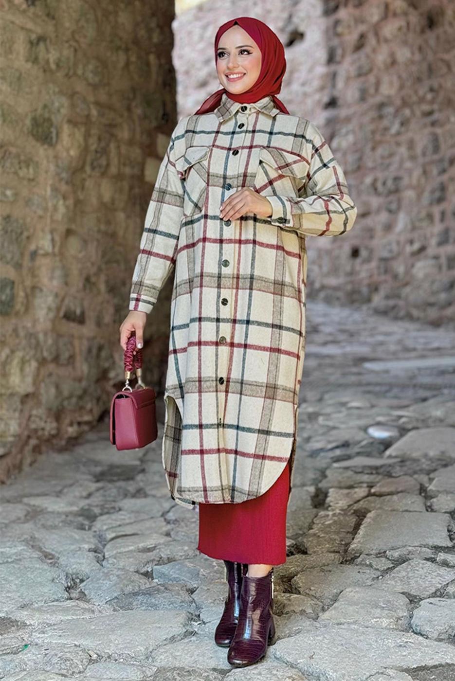 Tesettür giyim BEJ UZUN KAŞE TUNİK T 0267-1