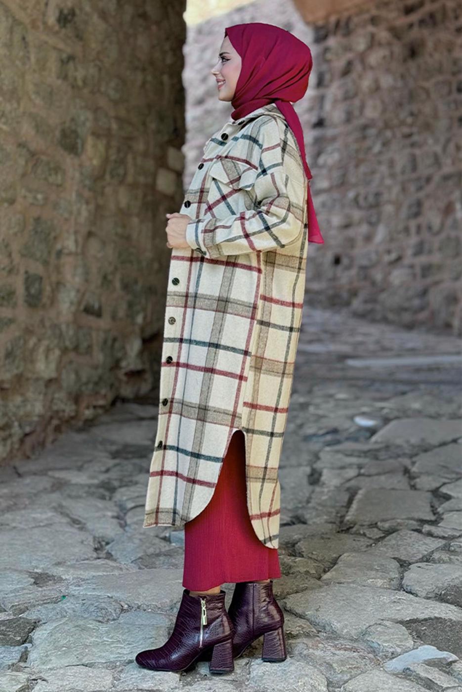 Tesettür giyim BEJ UZUN KAŞE TUNİK T 0267-1