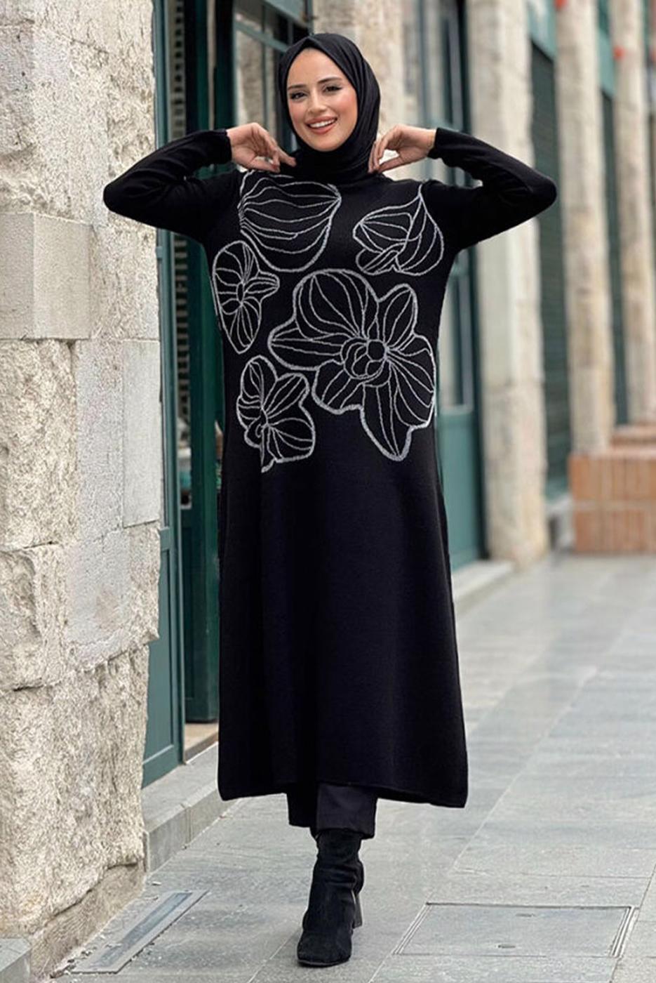 Tesettür giyim SİYAH UZUN TRİKO TUNİK T 19181