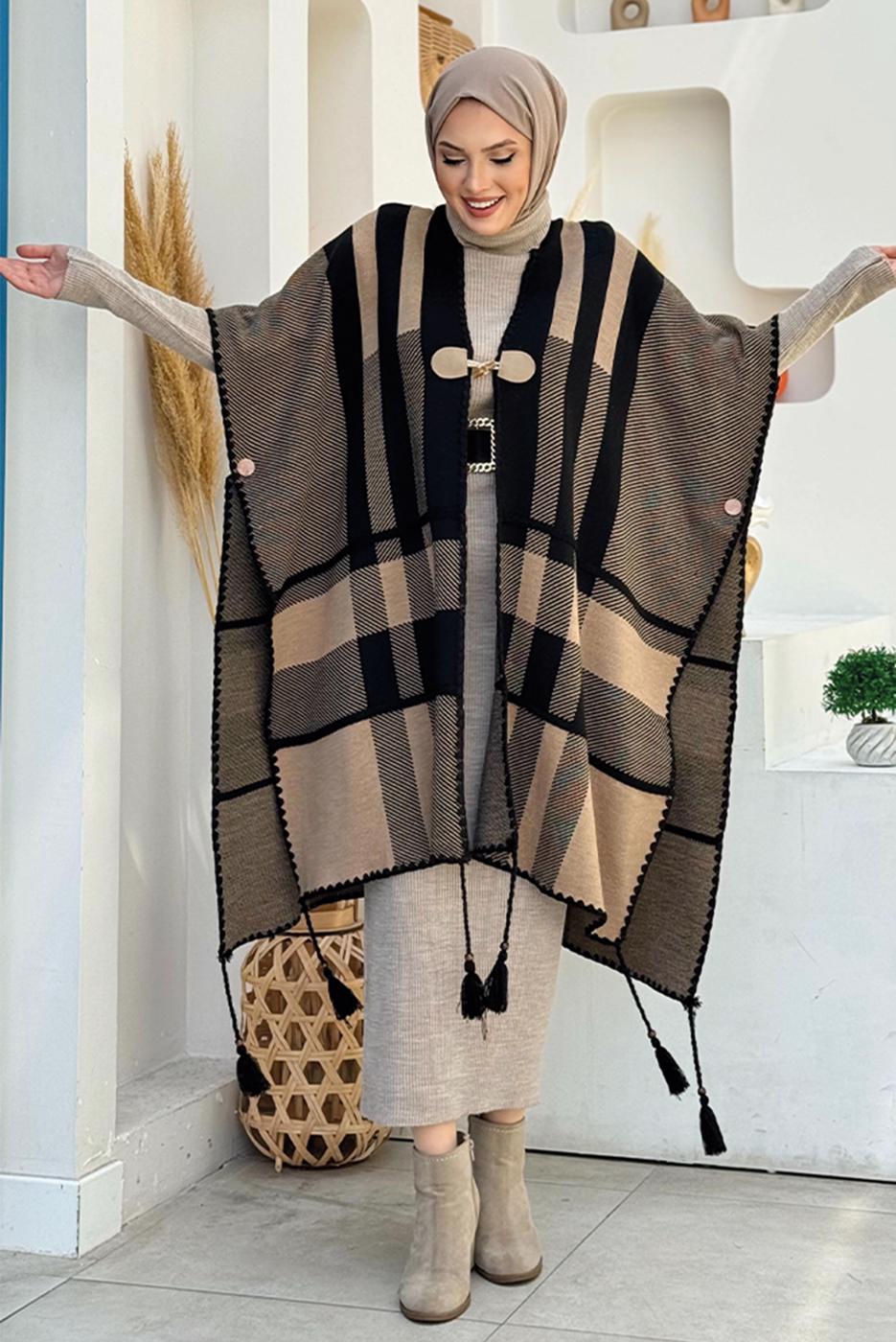 Tesettür giyim SİYAH DESENLİ TRİKO PANÇO T 31021