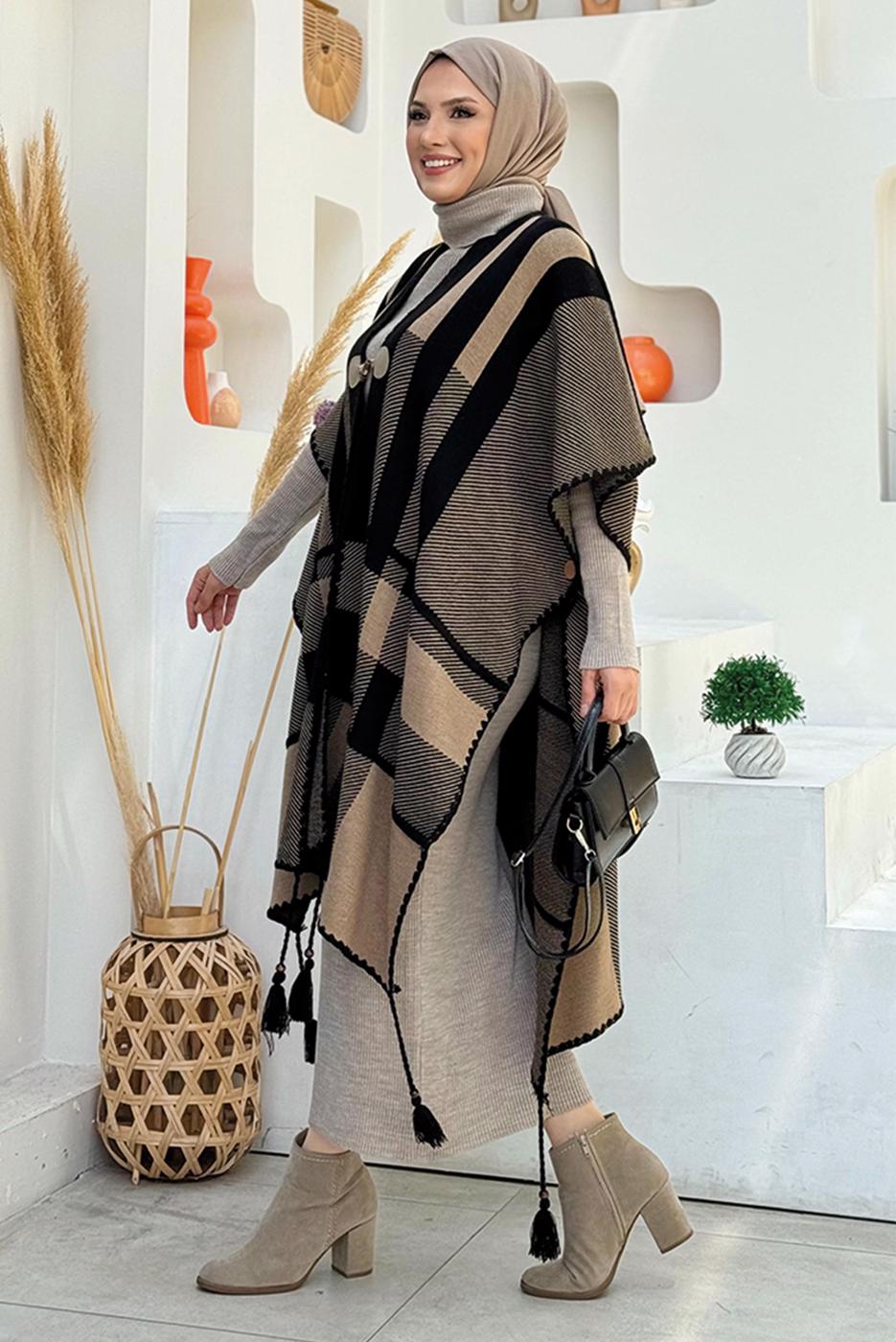 Tesettür giyim SİYAH DESENLİ TRİKO PANÇO T 31021