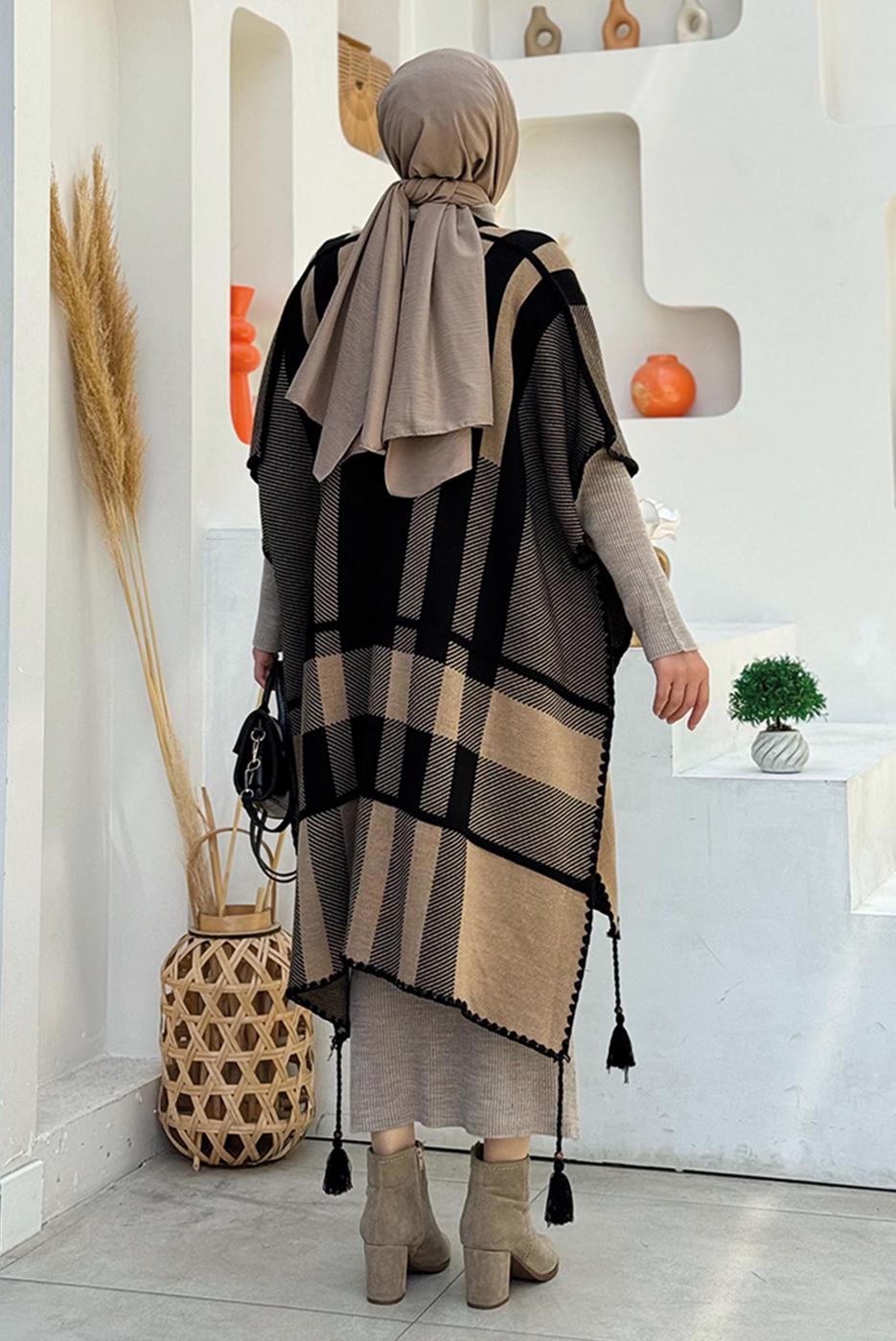 Tesettür giyim SİYAH DESENLİ TRİKO PANÇO T 31021