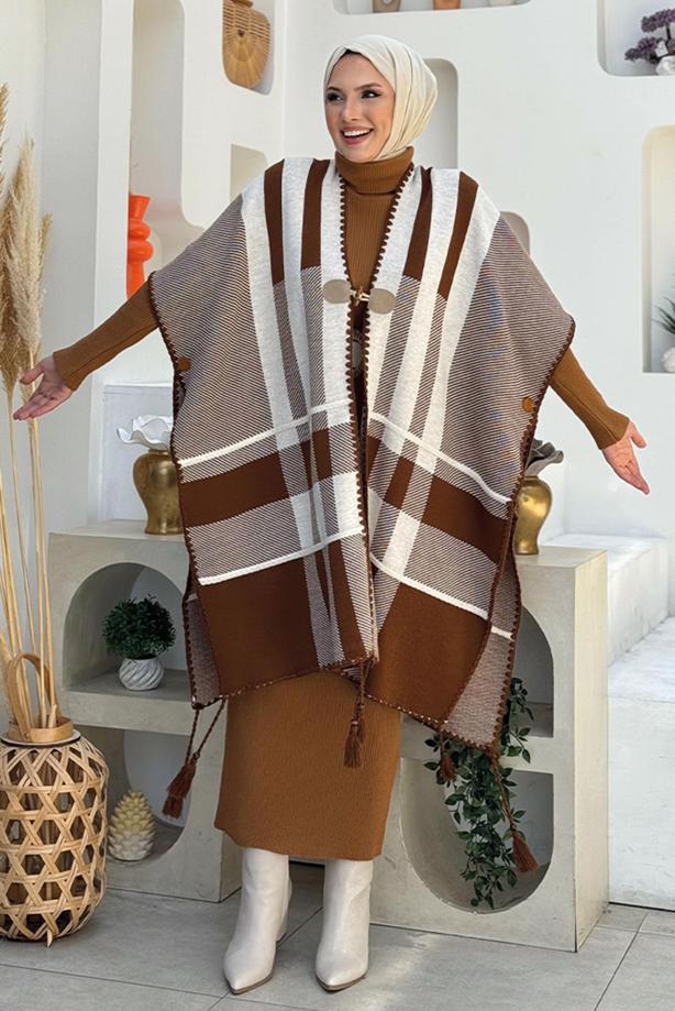 Tesettür giyim KAHVE DESENLİ TRİKO PANÇO T 31021 - TRENDTESETTÜR