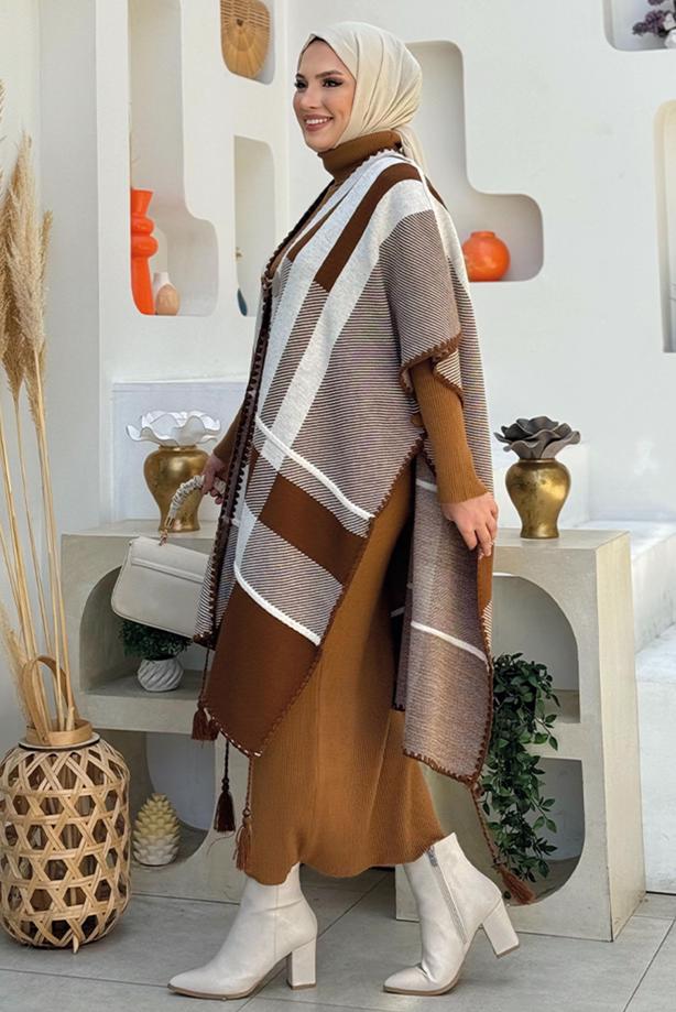 Tesettür giyim KAHVE DESENLİ TRİKO PANÇO T 31021 - TRENDTESETTÜR