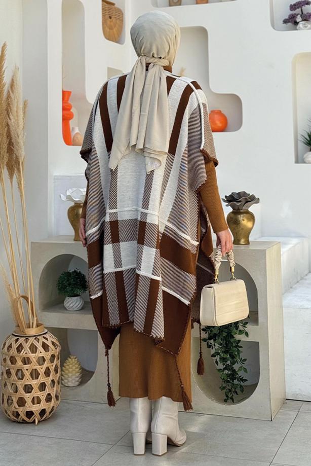 Tesettür giyim KAHVE DESENLİ TRİKO PANÇO T 31021 - TRENDTESETTÜR