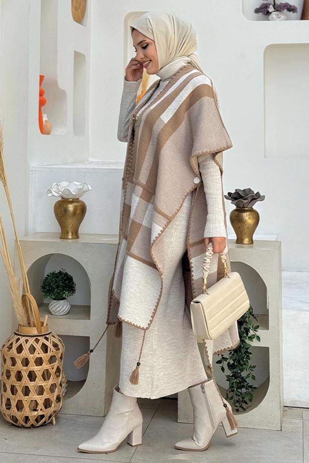 Tesettür giyim VİZON DESENLİ TRİKO PANÇO T 31021 - TRENDTESETTÜR