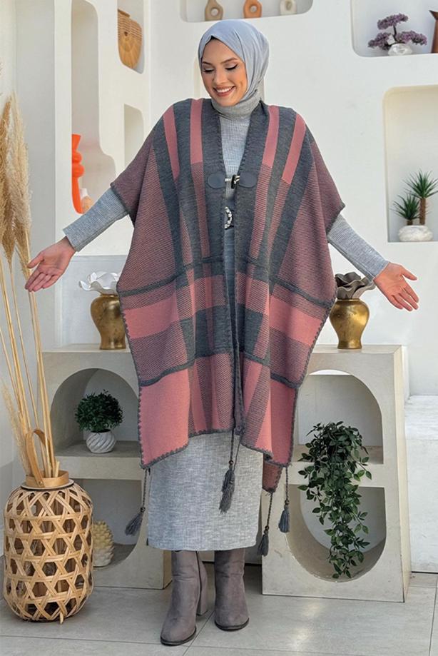 Tesettür giyim GRİ DESENLİ TRİKO PANÇO T 31021 - TRENDTESETTÜR