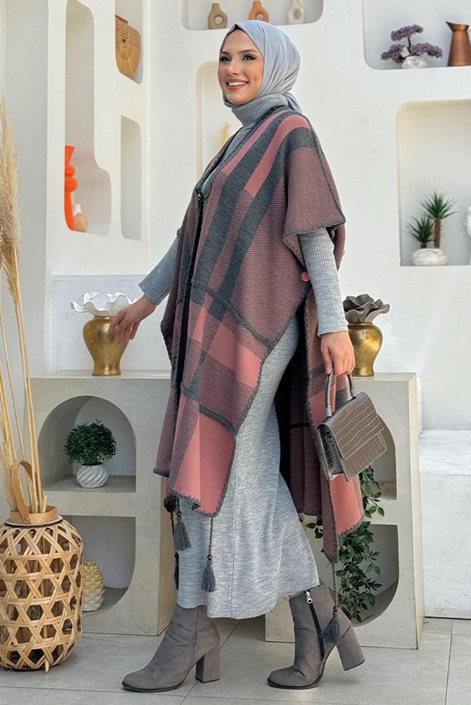 Tesettür giyim GRİ DESENLİ TRİKO PANÇO T 31021