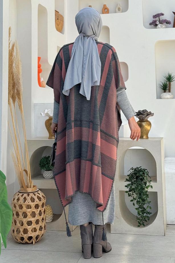 Tesettür giyim GRİ DESENLİ TRİKO PANÇO T 31021 - TRENDTESETTÜR