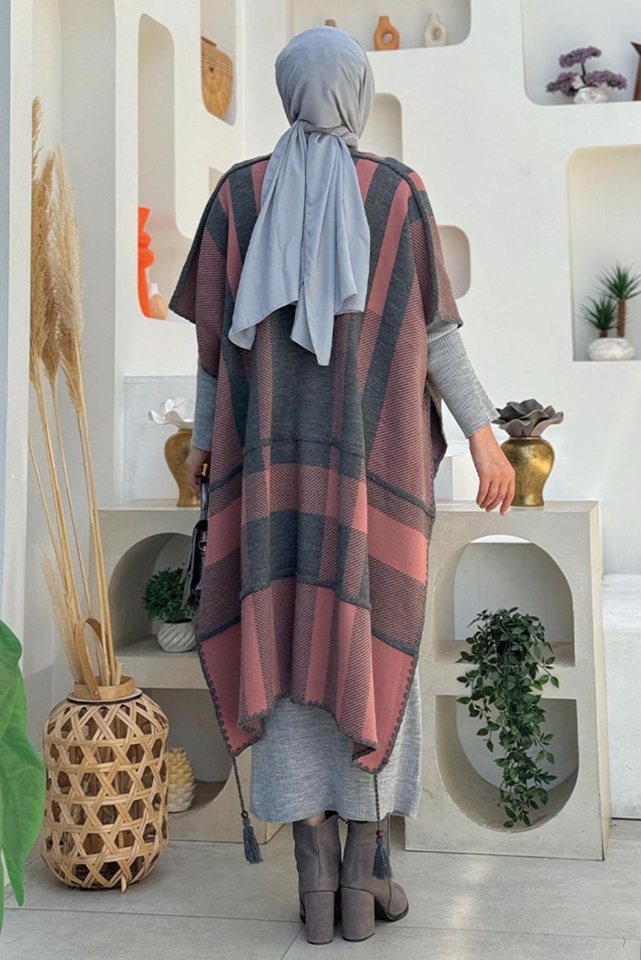 Tesettür giyim GRİ DESENLİ TRİKO PANÇO T 31021