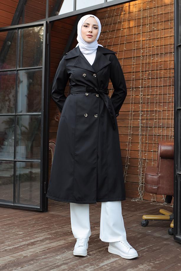 Tesettür giyim SİYAH KUŞAKLI TRENÇKOT T 1521 - TRENDTESETTÜR