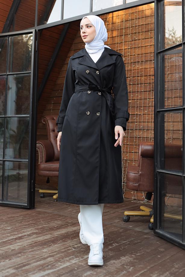 Tesettür giyim SİYAH KUŞAKLI TRENÇKOT T 1521 - TRENDTESETTÜR