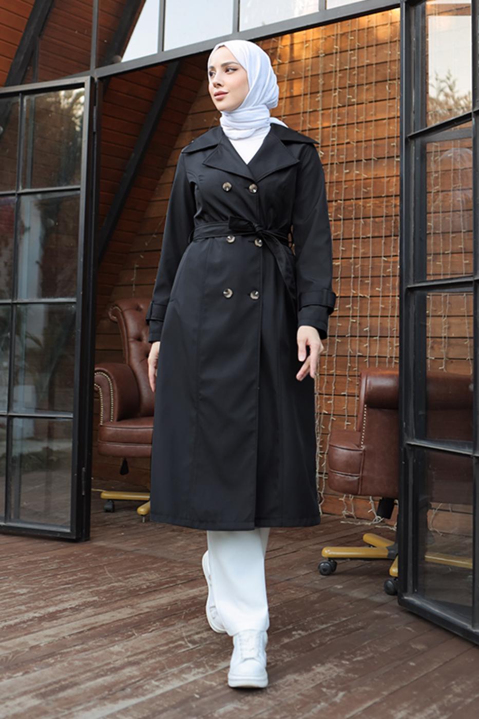 Tesettür giyim SİYAH KUŞAKLI TRENÇKOT T 1521