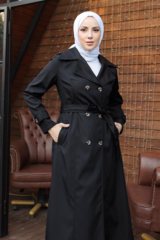 Tesettür giyim SİYAH KUŞAKLI TRENÇKOT T 1521 - TRENDTESETTÜR